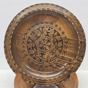 Vintage Polish Folk Art Wood Burning Metal Inlay Floral Decorative Wall Plate